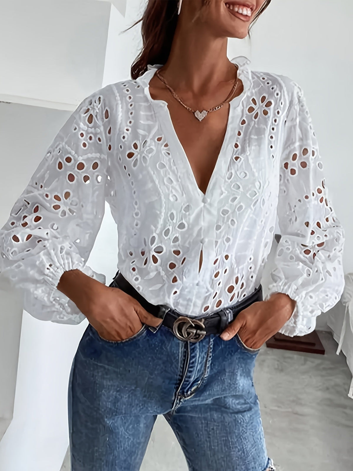 Elise Broderie Blouse | Women's Long-Sleeve V-Neck Top