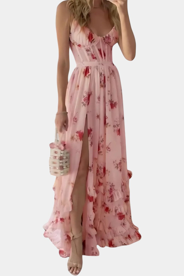 Harlow floral corset-bodice split ruffle-hem maxi dress