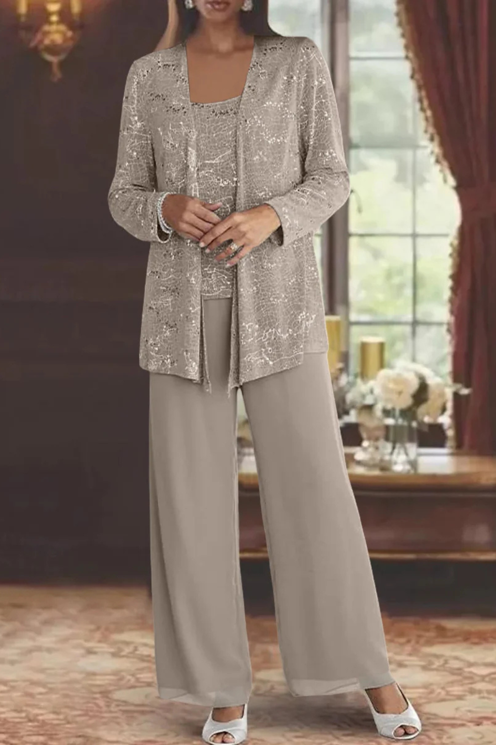 Nora sequin open-front jacket wide-leg pants three-piece set