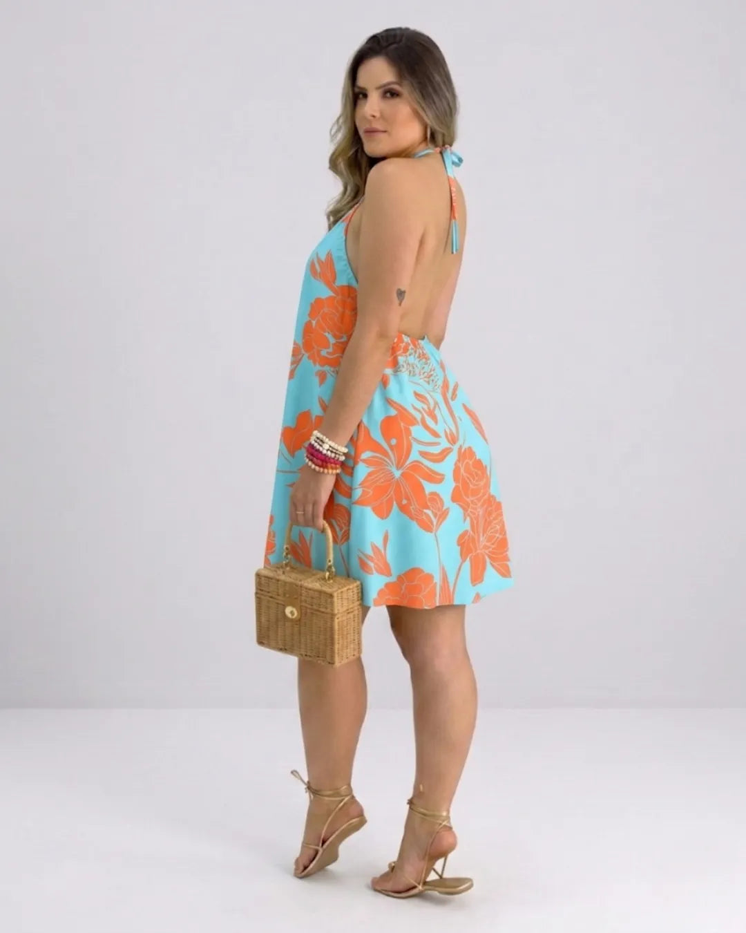 Tessa tropical print cross-halter swing mini dress