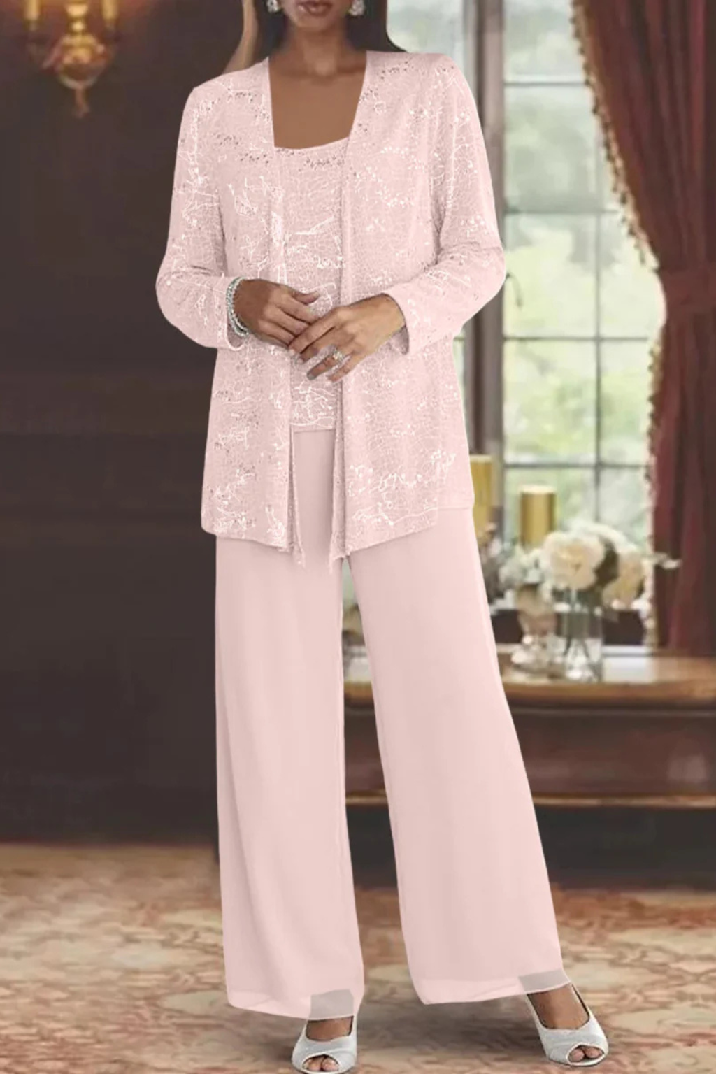 Nora sequin open-front jacket wide-leg pants three-piece set