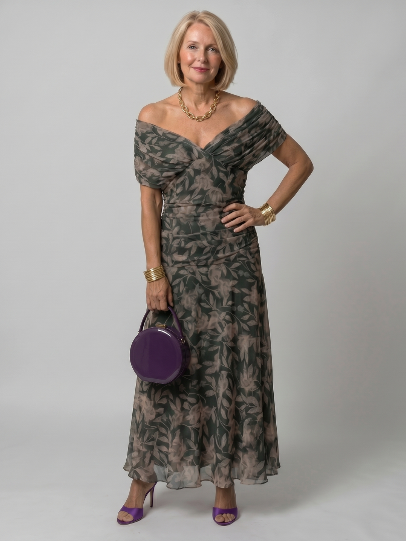 Portia draped off-shoulder ruched maxi dress