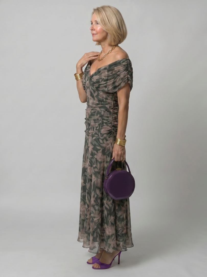 Portia draped off-shoulder ruched maxi dress