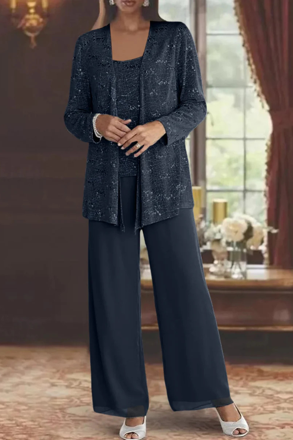 Nora sequin open-front jacket wide-leg pants three-piece set