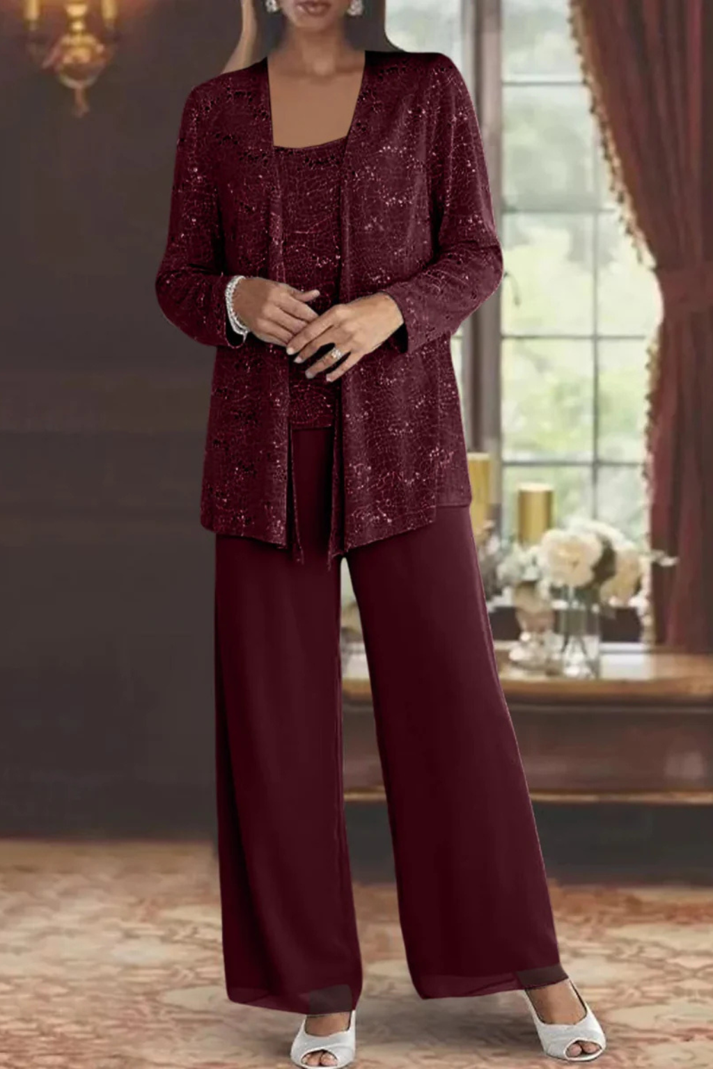 Nora sequin open-front jacket wide-leg pants three-piece set