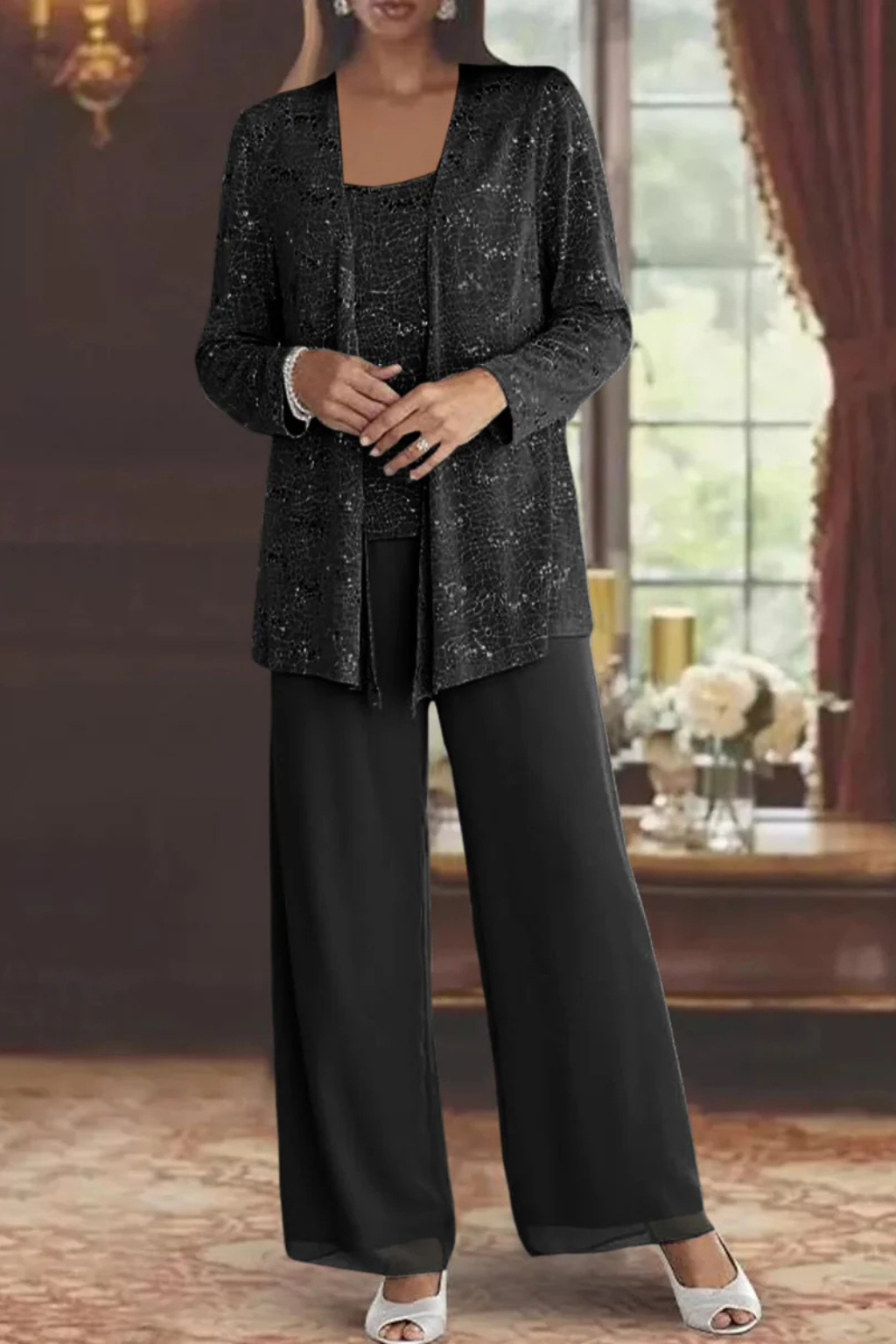 Nora sequin open-front jacket wide-leg pants three-piece set
