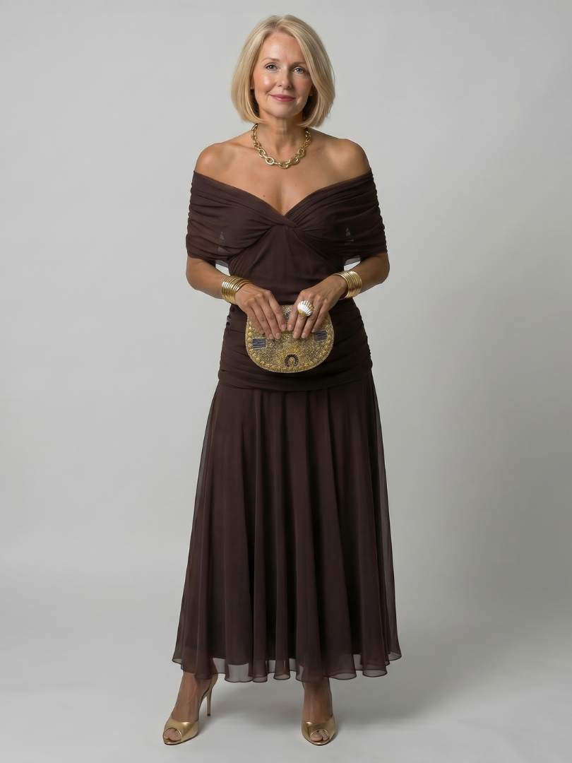 Portia draped off-shoulder ruched maxi dress