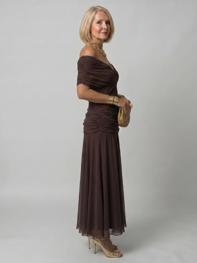 Portia draped off-shoulder ruched maxi dress