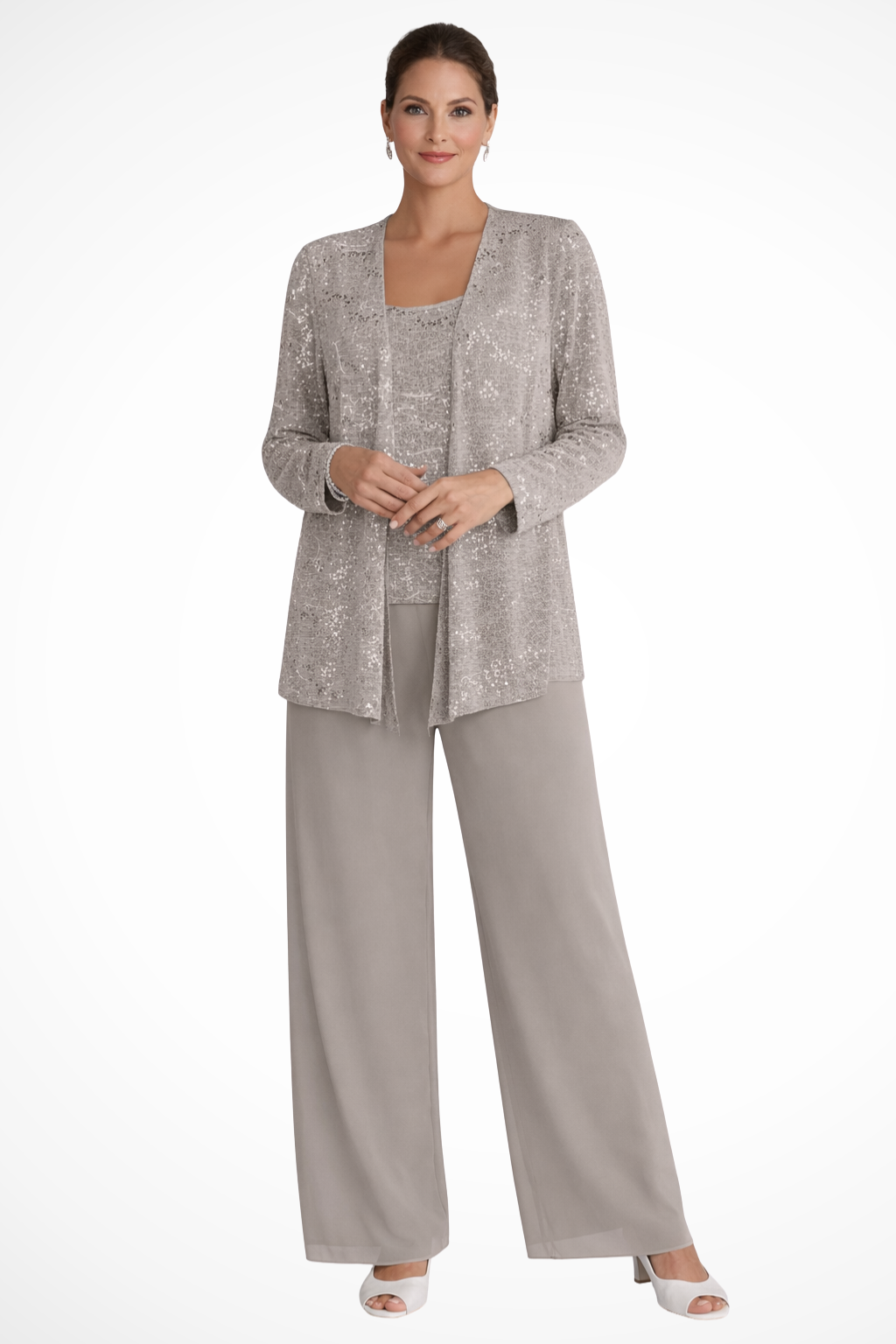 Nora sequin open-front jacket wide-leg pants three-piece set