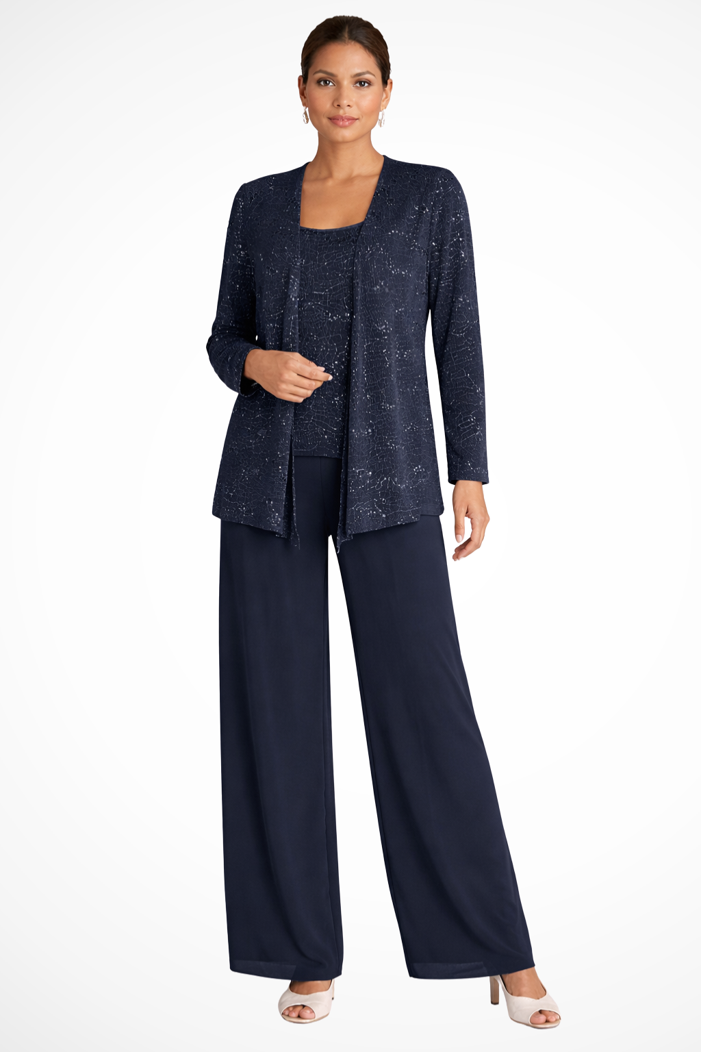 Nora sequin open-front jacket wide-leg pants three-piece set