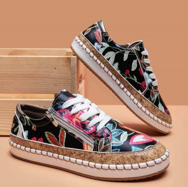 Blossom Floral Espadrille Sneakers | Women's Embroidered Zip Trainers
