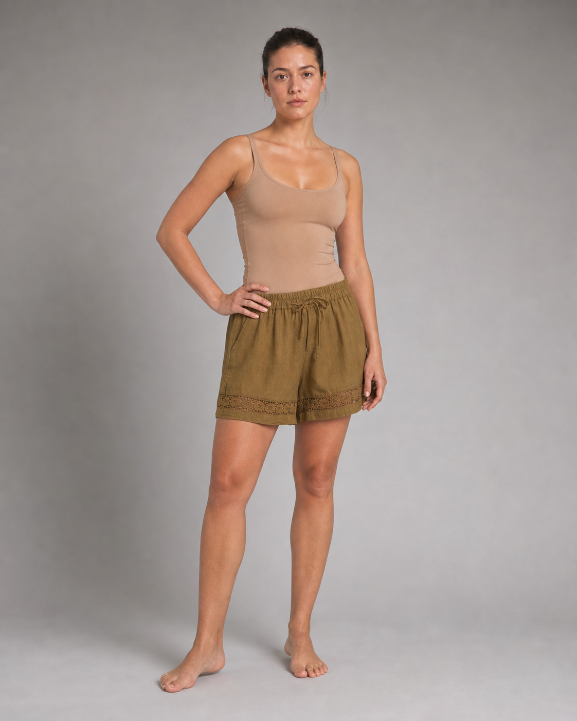 Rica™ | Relaxed Embroidered Shorts — Khaki — threequarter