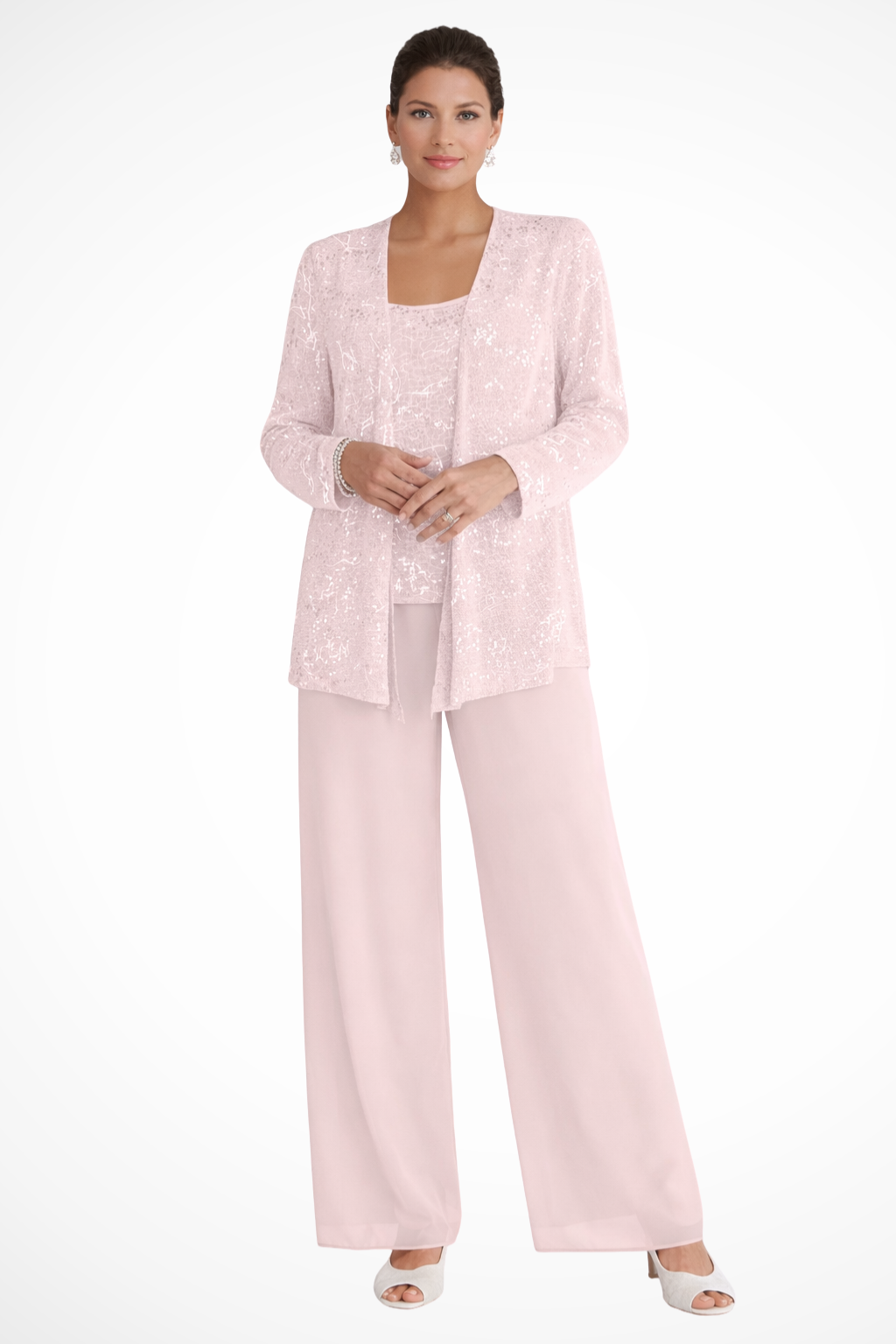 Nora sequin open-front jacket wide-leg pants three-piece set