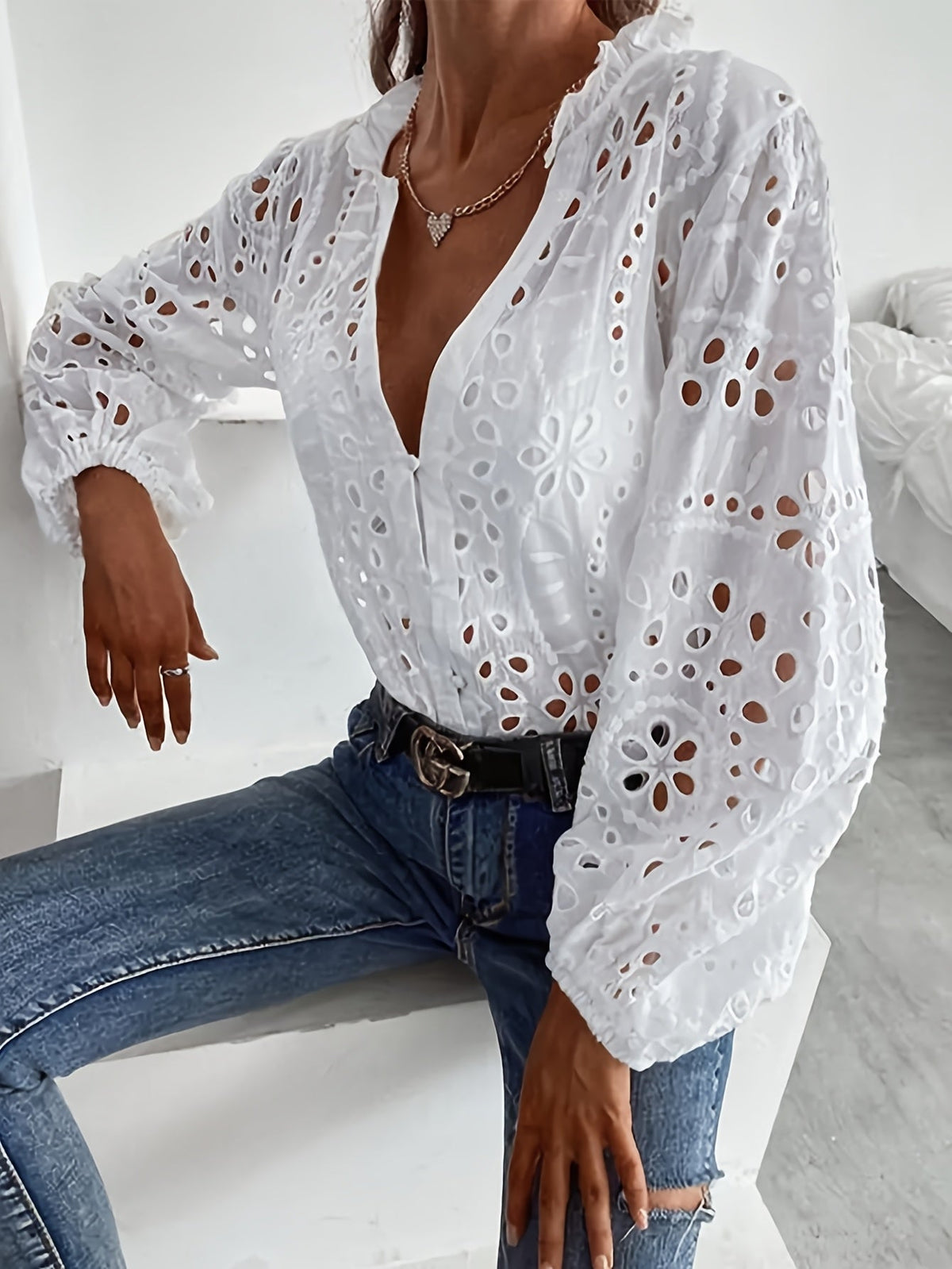 Elise Broderie Blouse | Women's Long-Sleeve V-Neck Top