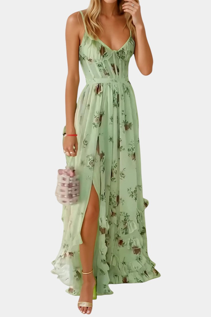 Harlow floral corset-bodice split ruffle-hem maxi dress