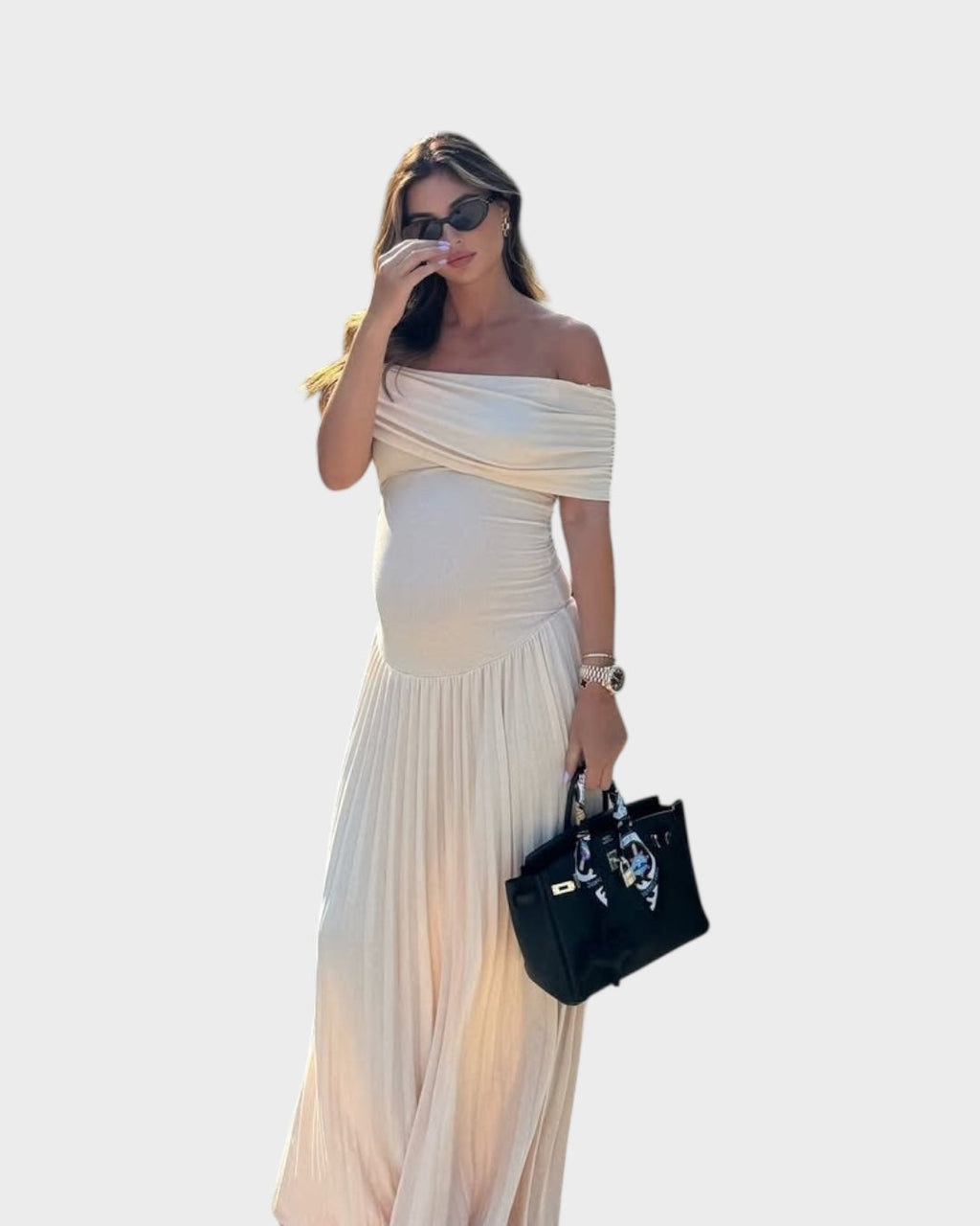 Ianthe off-shoulder pleated maternity maxi dress