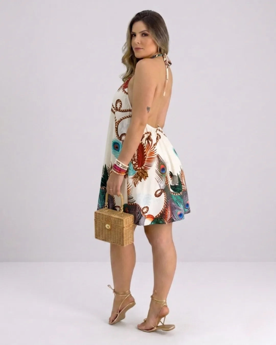 Tessa tropical print cross-halter swing mini dress
