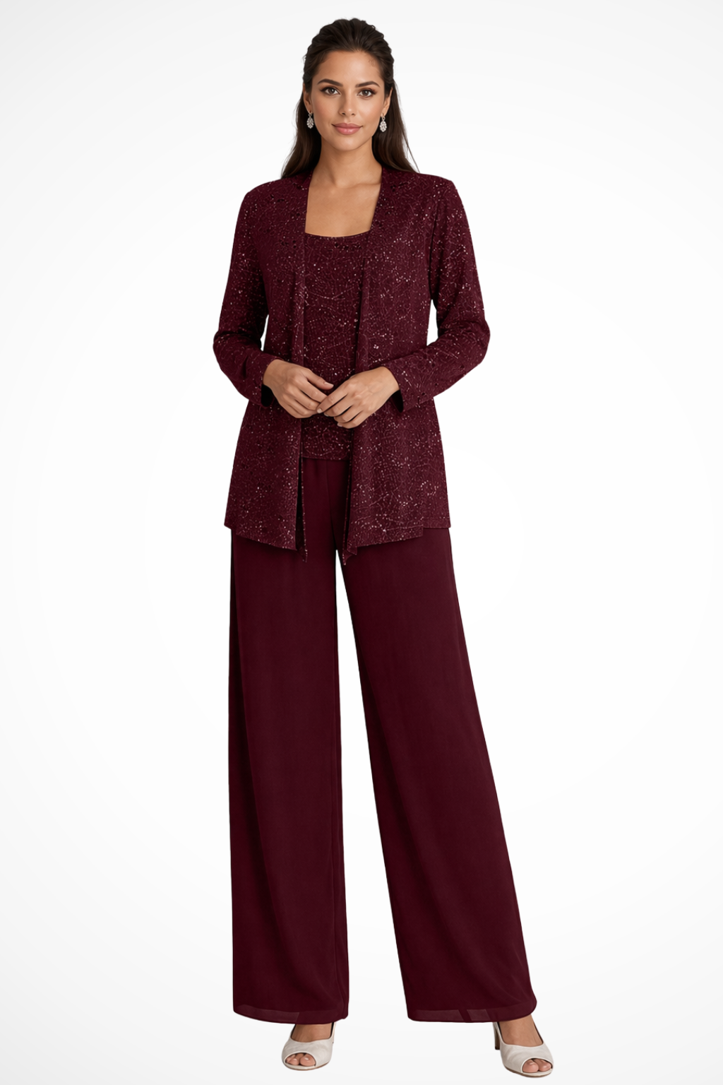 Nora sequin open-front jacket wide-leg pants three-piece set