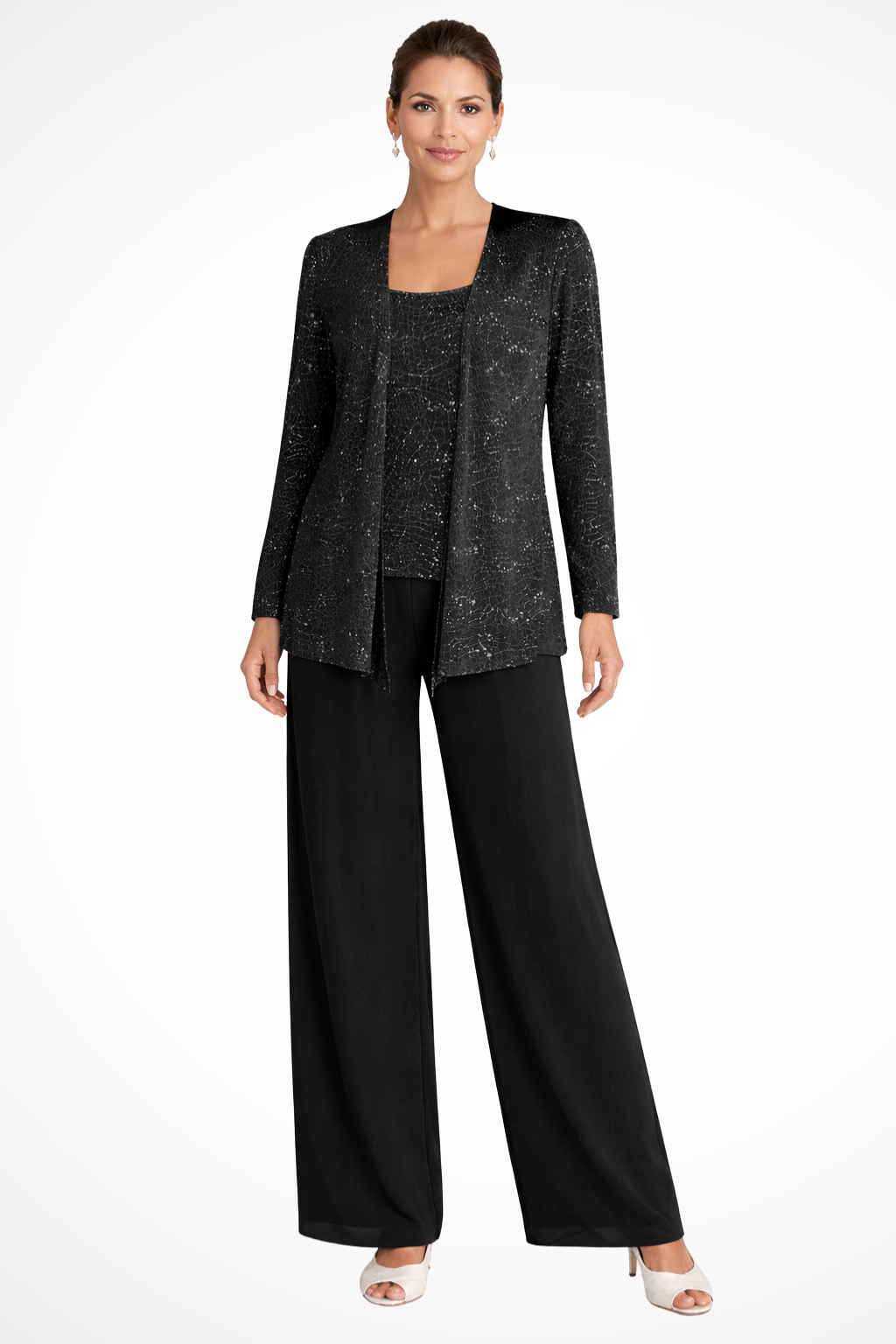 Nora sequin open-front jacket wide-leg pants three-piece set