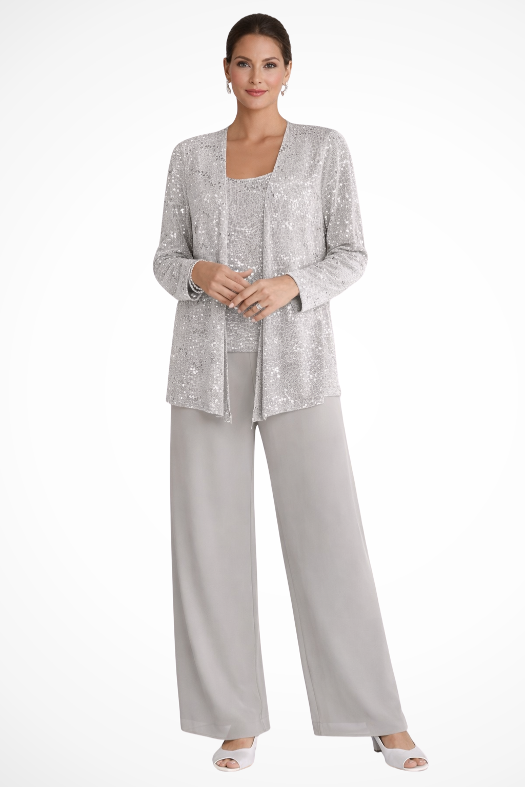 Nora sequin open-front jacket wide-leg pants three-piece set