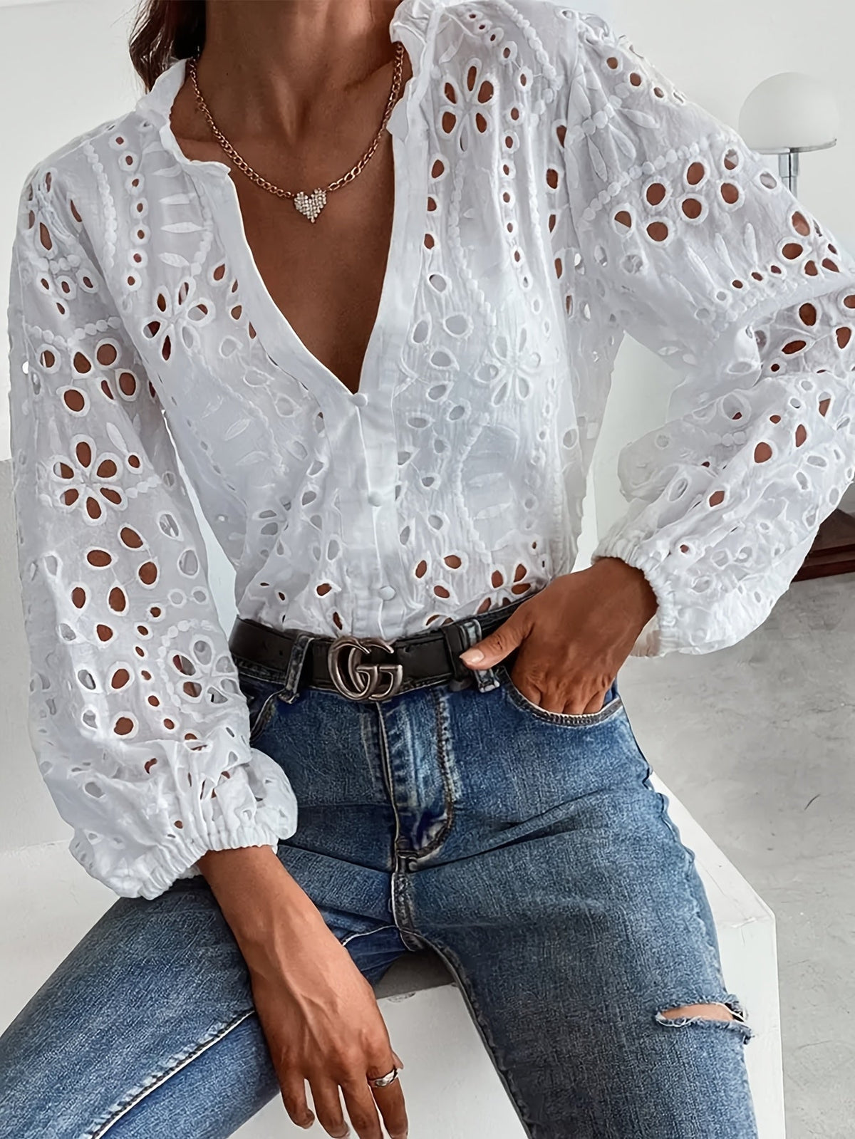 Elise Broderie Blouse | Women's Long-Sleeve V-Neck Top