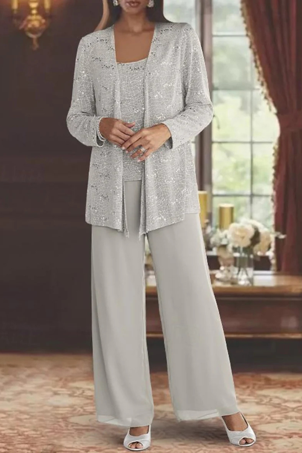 Nora sequin open-front jacket wide-leg pants three-piece set