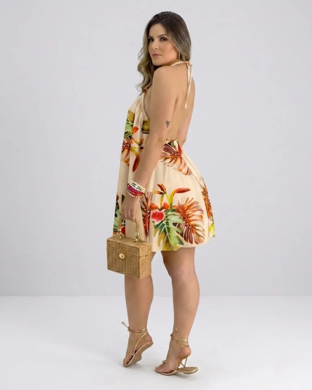 Tessa tropical print cross-halter swing mini dress