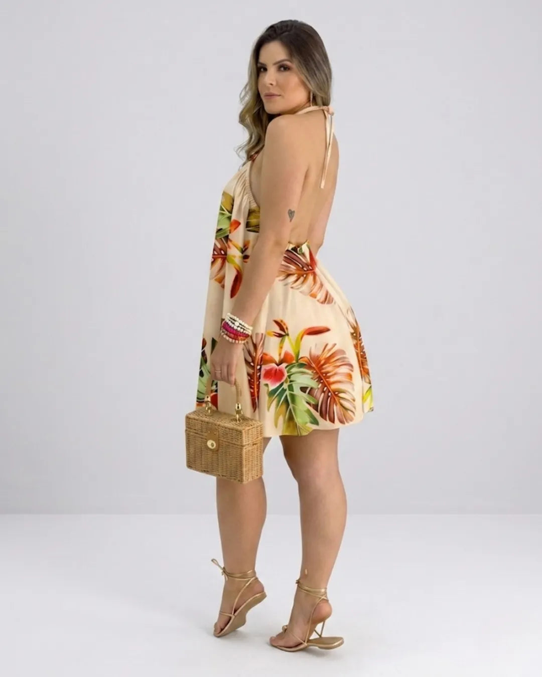 Tessa tropical print cross-halter swing mini dress