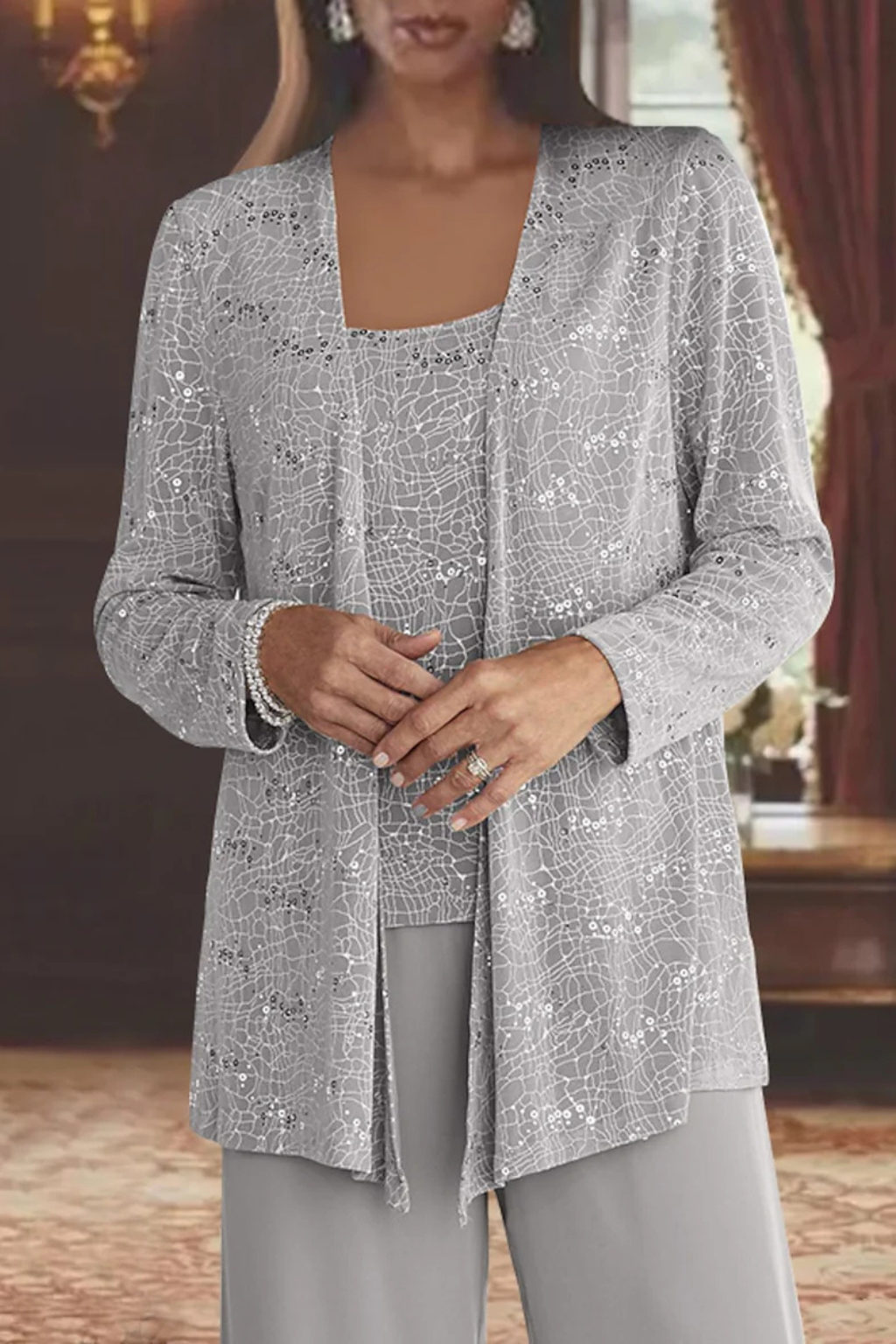 Nora sequin open-front jacket wide-leg pants three-piece set