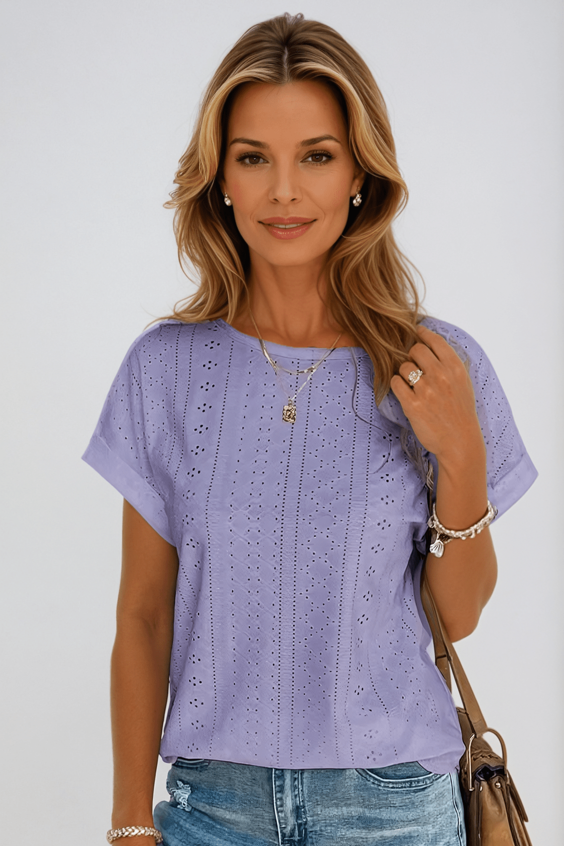Marcelle eyelet cuffed-sleeve round-neck top