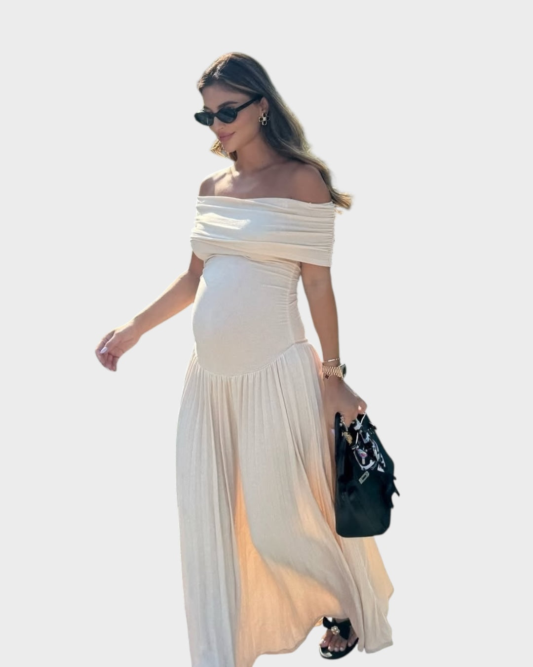 Ianthe off-shoulder pleated maternity maxi dress