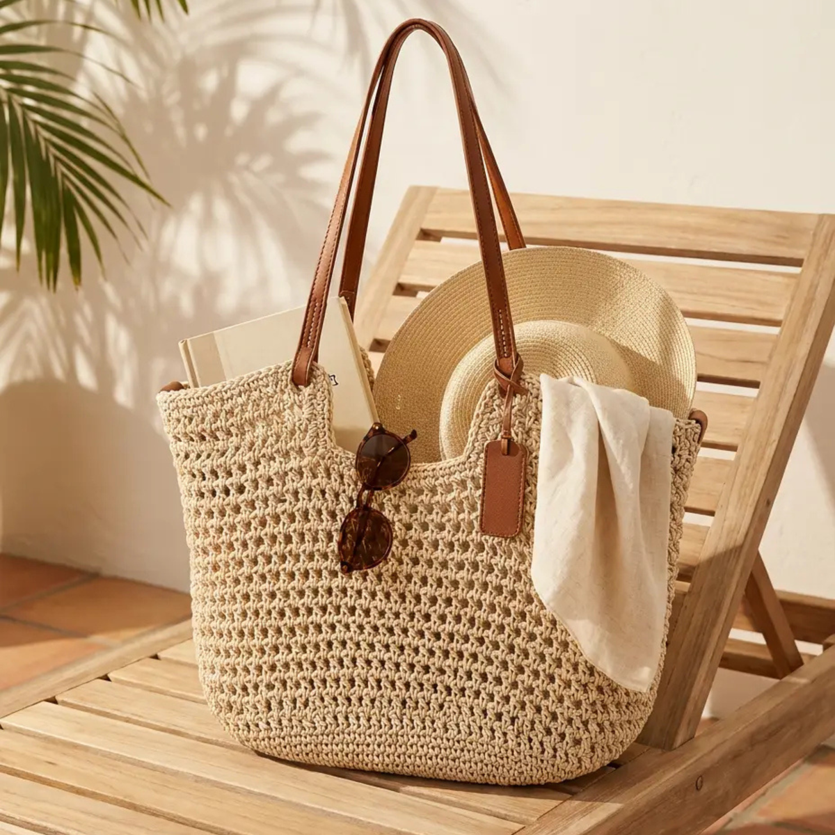 Oona open-weave shoulder tote bag with tan straps