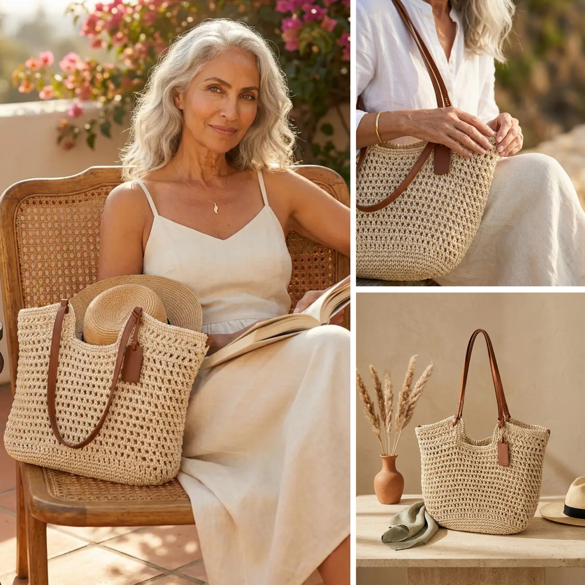 Oona open-weave shoulder tote bag with tan straps