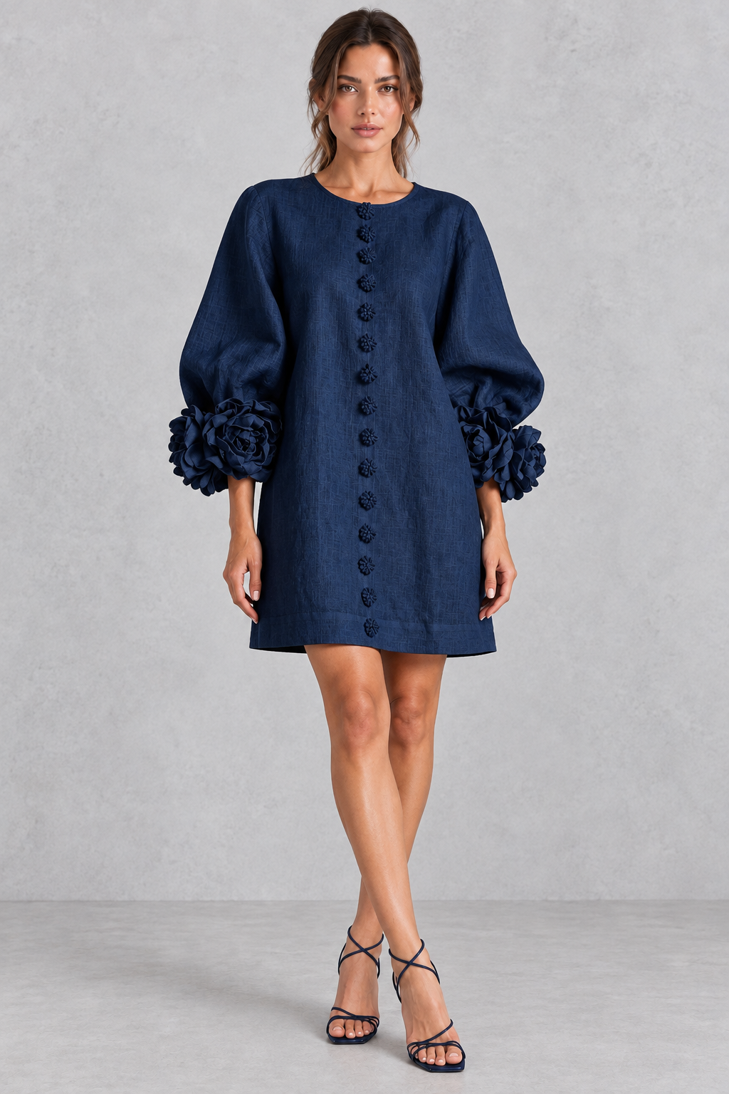 Annabel rosette cuff lantern sleeve mini dress