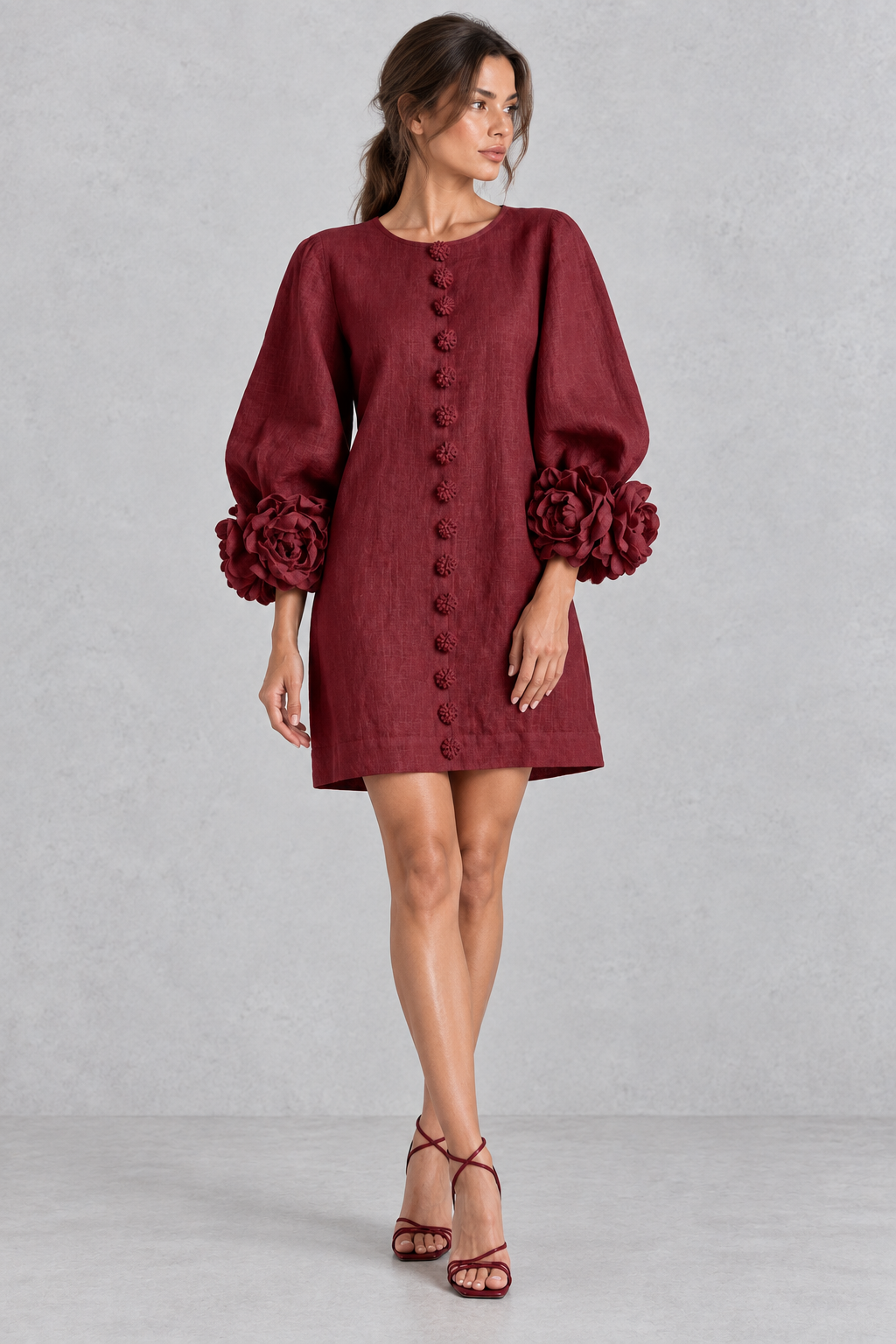 Annabel rosette cuff lantern sleeve mini dress