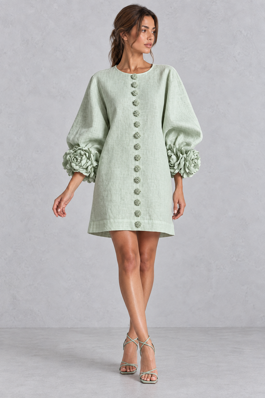 Annabel rosette cuff lantern sleeve mini dress