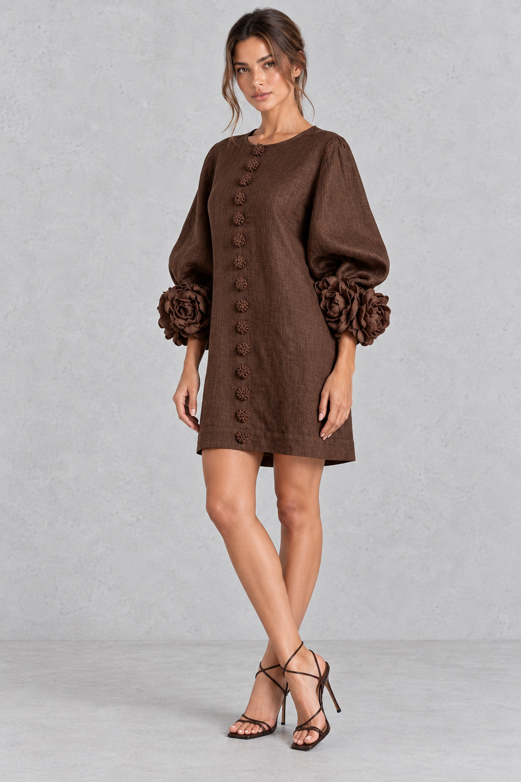 Annabel rosette cuff lantern sleeve mini dress