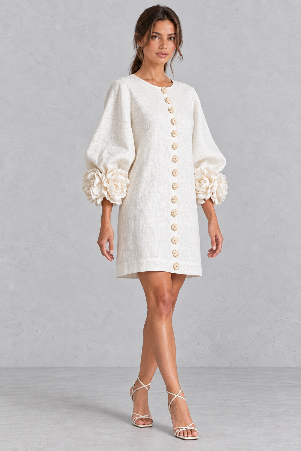 Annabel rosette cuff lantern sleeve mini dress