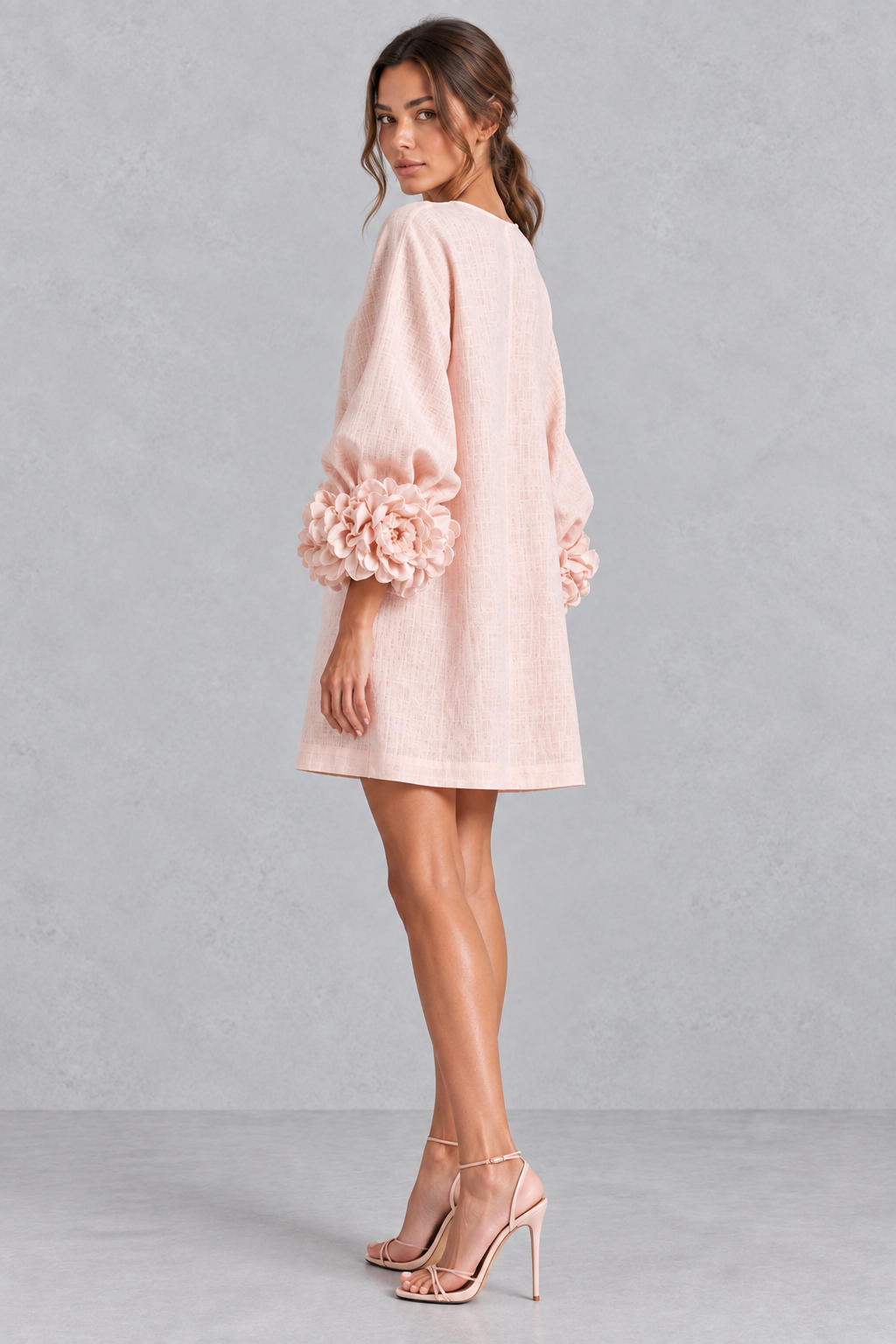 Annabel rosette cuff lantern sleeve mini dress