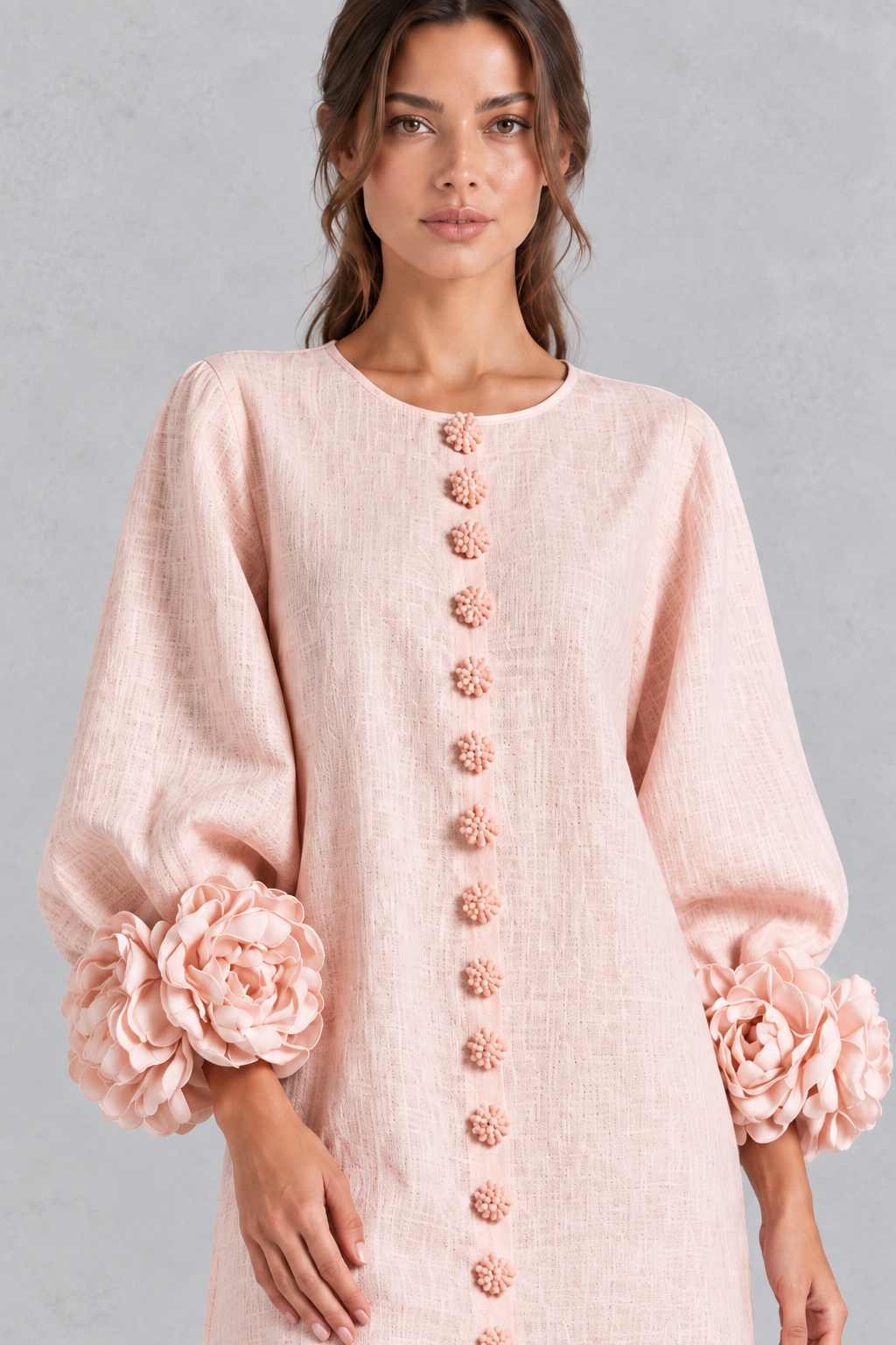 Annabel rosette cuff lantern sleeve mini dress