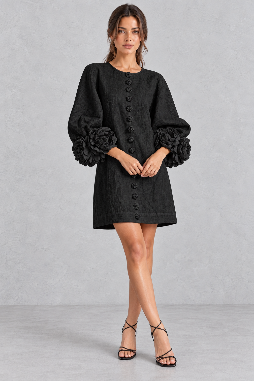 Annabel rosette cuff lantern sleeve mini dress