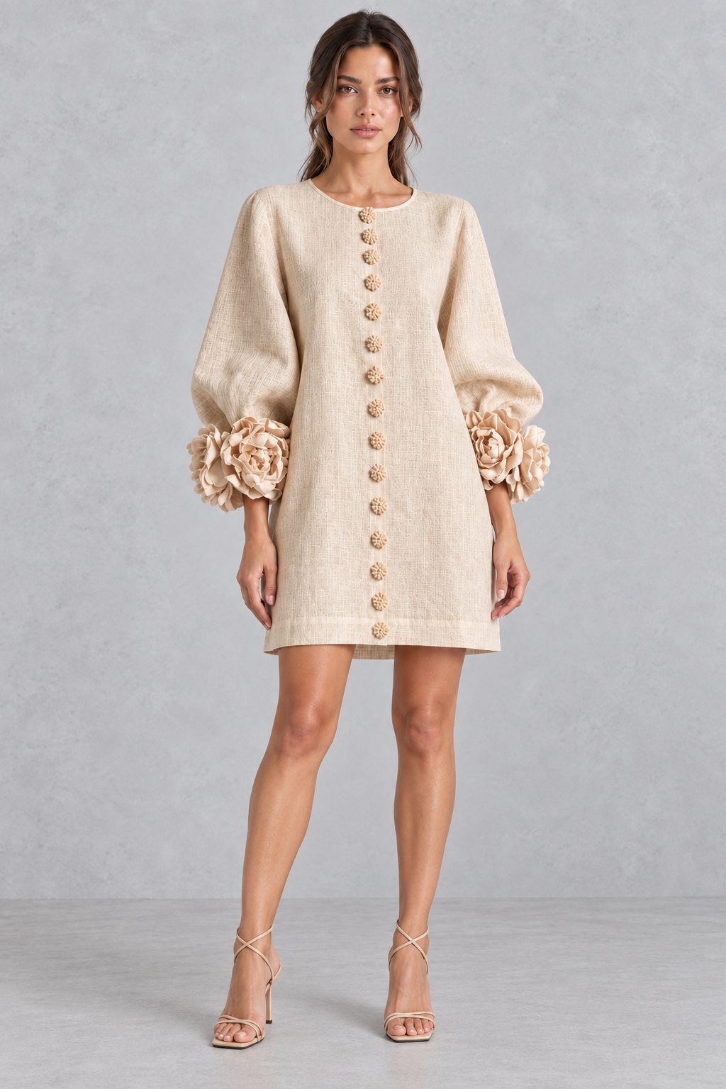 Annabel rosette cuff lantern sleeve mini dress