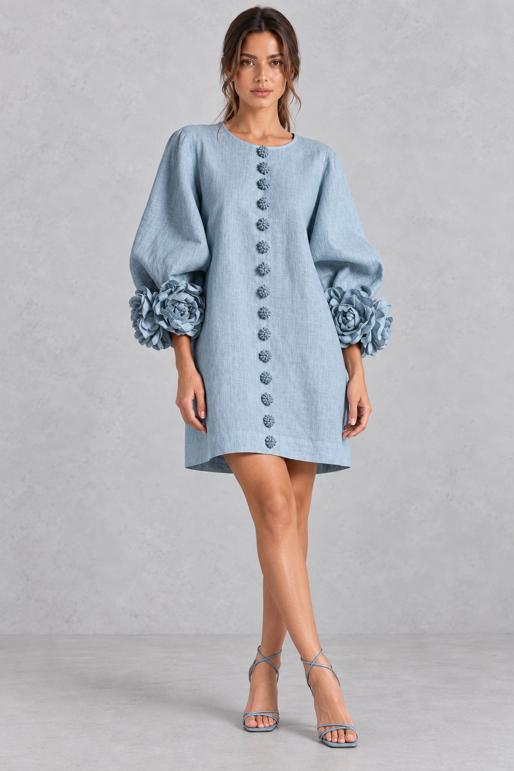 Annabel rosette cuff lantern sleeve mini dress
