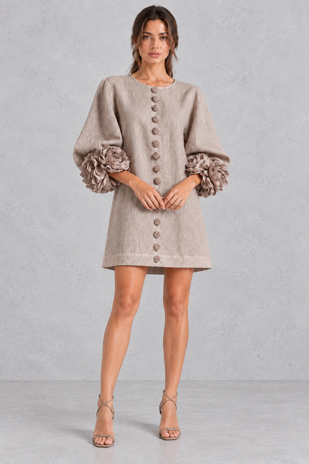 Annabel rosette cuff lantern sleeve mini dress