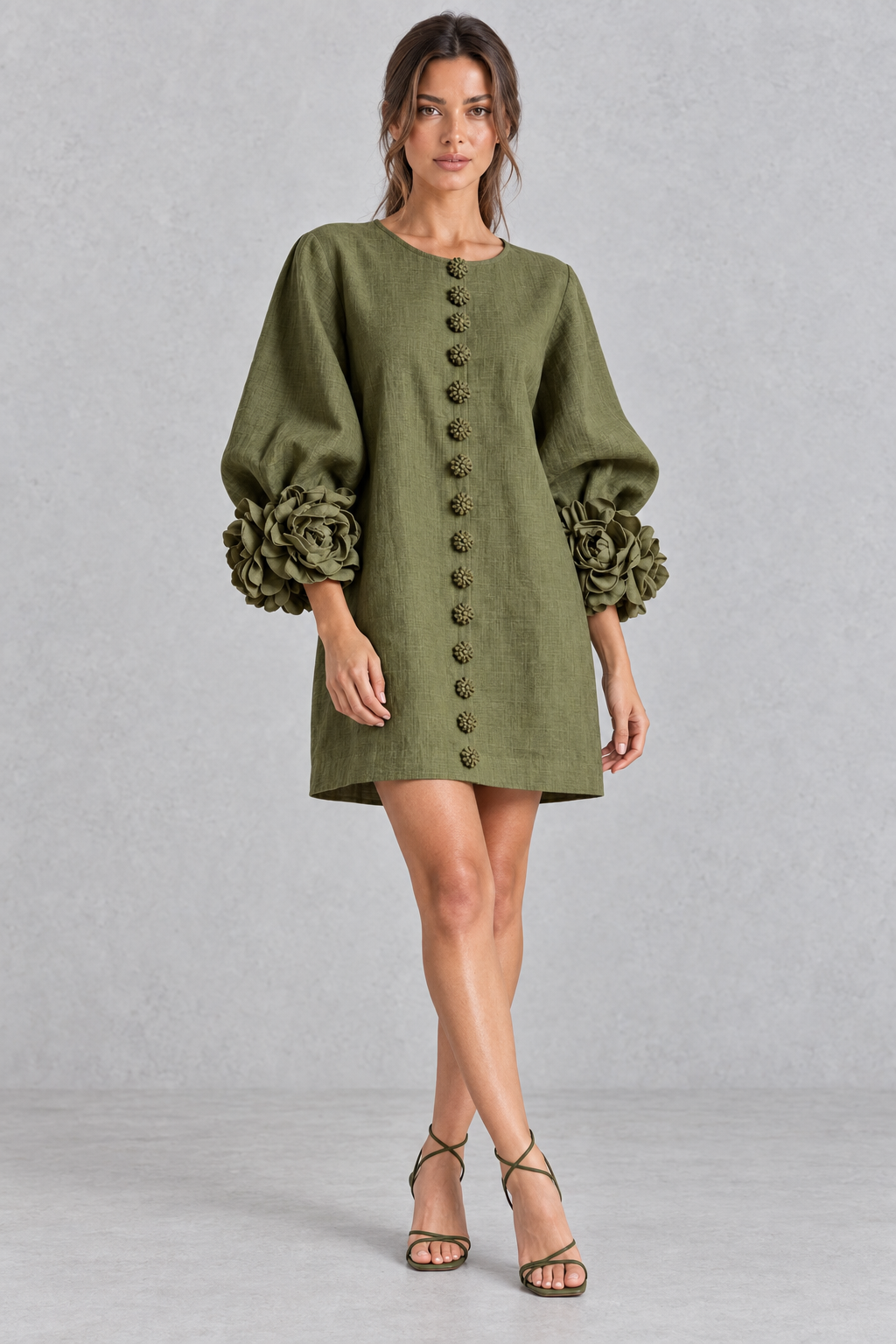 Annabel rosette cuff lantern sleeve mini dress