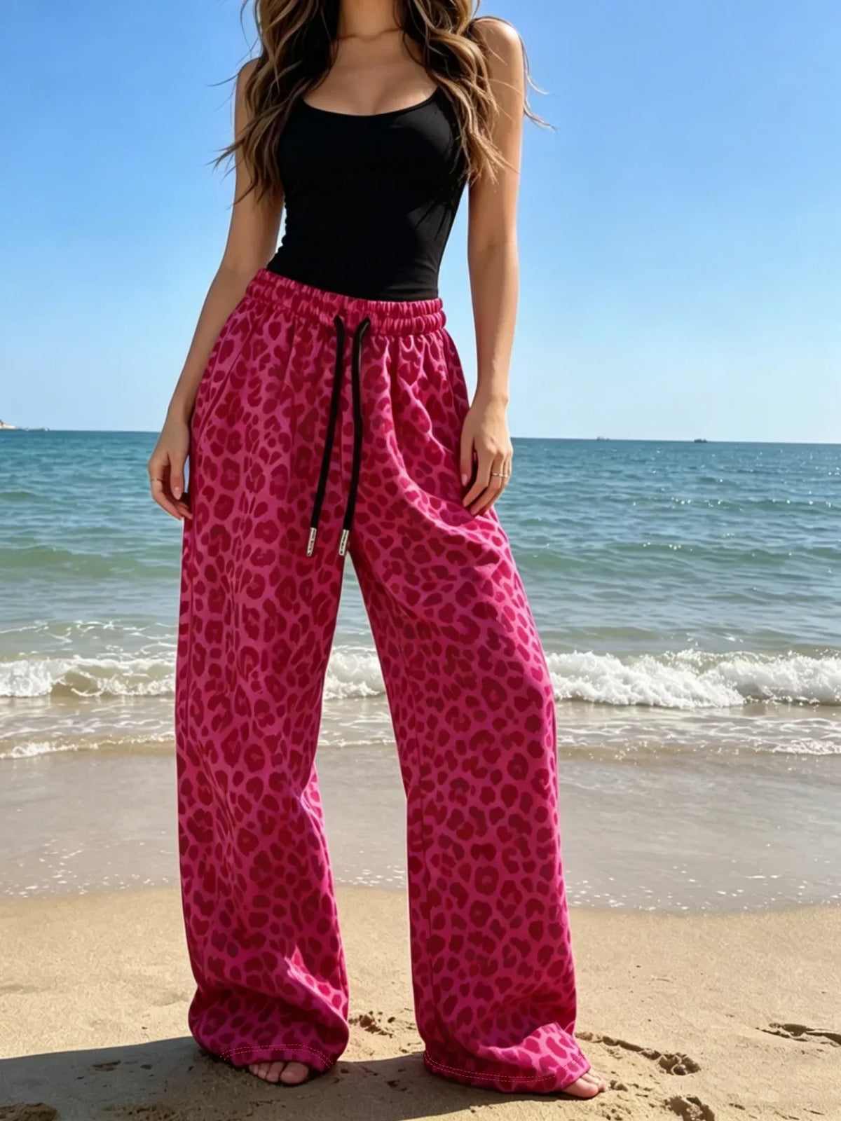 Harper leopard print drawstring wide-leg pants