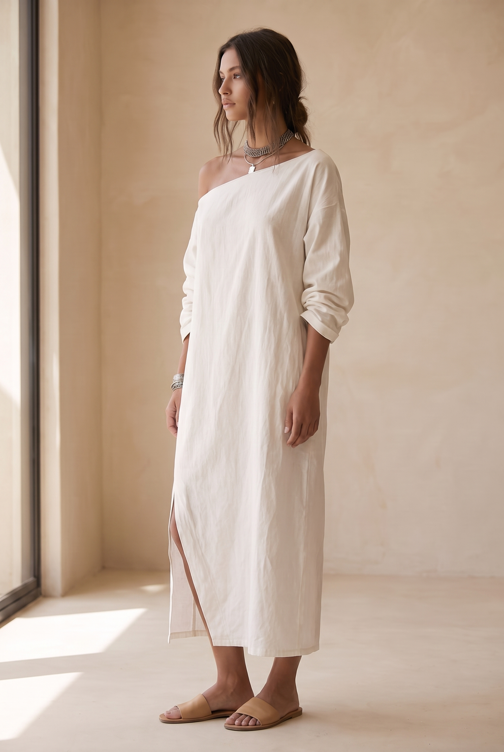 Elodie asymmetric neck split hem midi dress