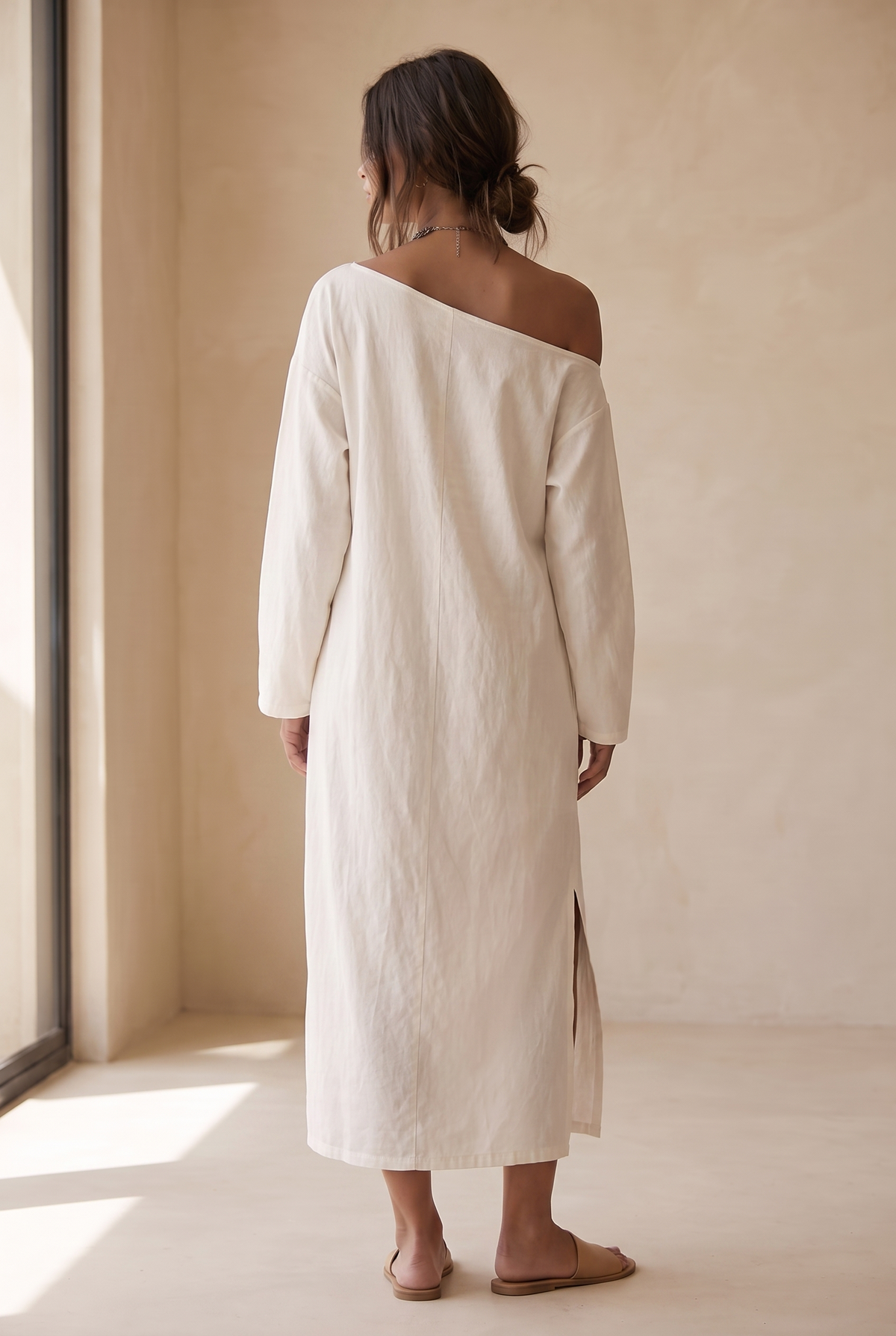 Elodie asymmetric neck split hem midi dress