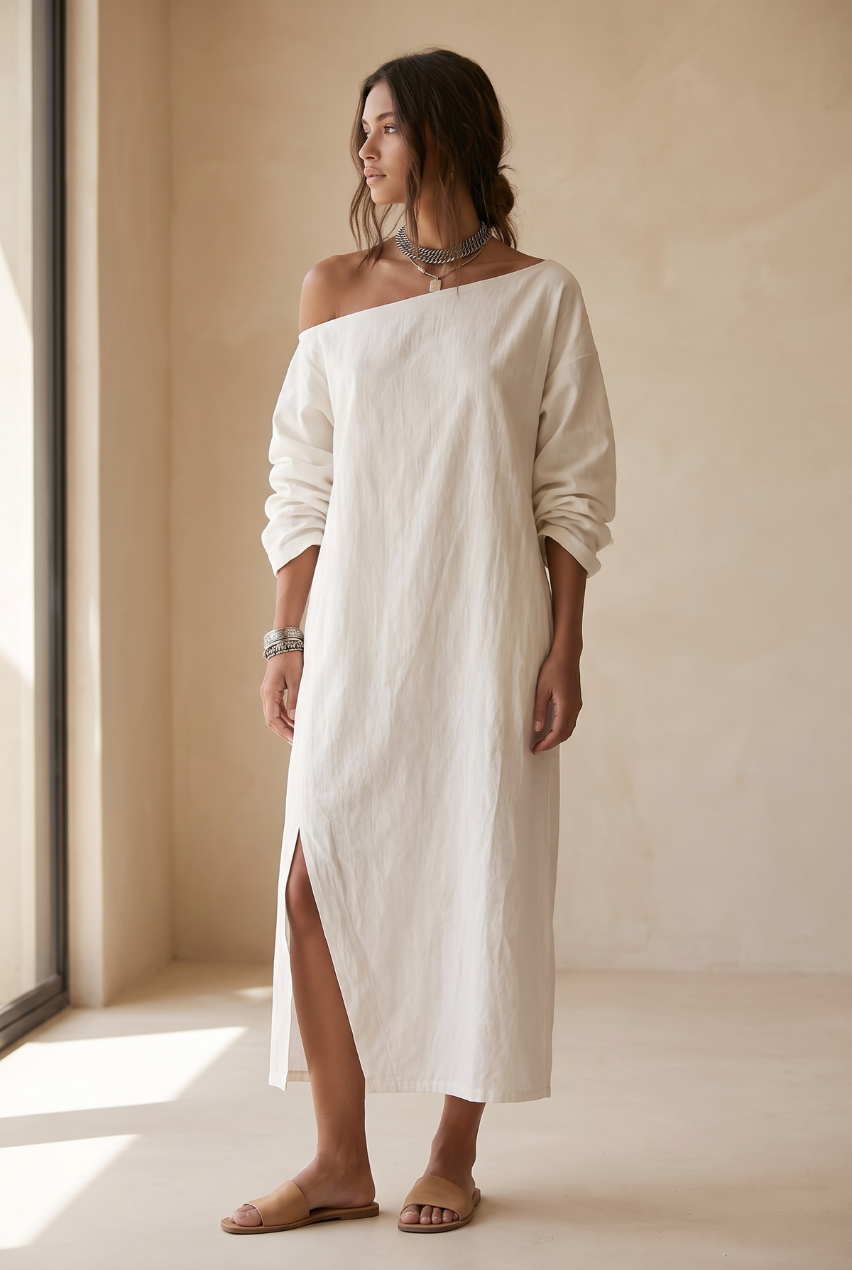 Elodie asymmetric neck split hem midi dress