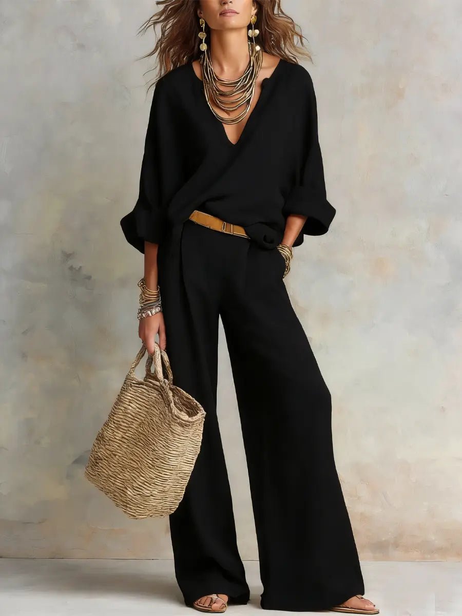 Estelle v-neck top and wide-leg pants set
